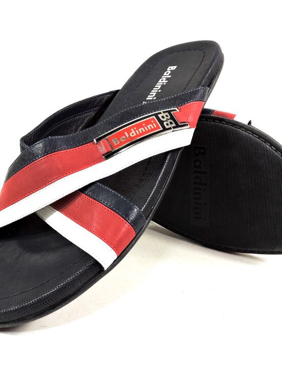 BALDININI ?? MEN\'S BLUE & RED SOFT LEATHER COMFORT FLAT SUMMER SANDALS
